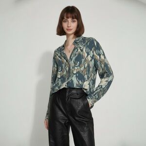 Orvis Women's Blouse, Size L, Khaki/Blue/Beige Pure Silk, Long Sleeve, Button-Up